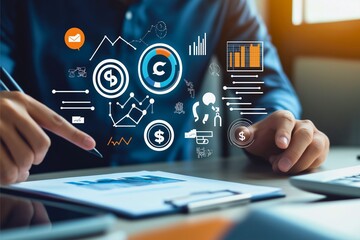 A professional analyzing documents amidst digital icons representing business analytics, data graphs, and planning concepts, symbolizing modern corporate strategy.