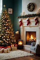 Christmas tree close up on burning fireplace background christmas background Ultra realistic Photorealistic picturesque scenery