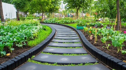 Obraz premium Tranquil Garden Pathway Surrounded by Lush Greenery