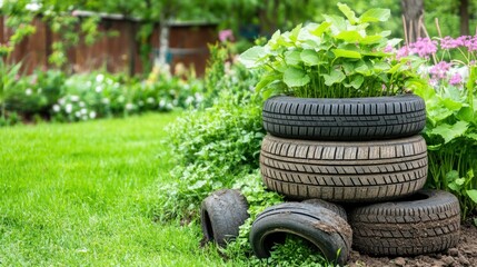 Creative Garden Using Old Tires and Green Plants
