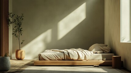 A serene bedroom with natural light, minimalist design, and soft textures.