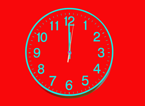 New Year. Round clock with blue dial on red background 12:00 or 0:00, 24:00. Time management.