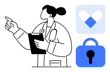 A healthcare professional holding a clipboard points ahead. A heart icon and a padlock symbol appear nearby. Ideal for medical services, digital health, data security, healthcare technology, patient