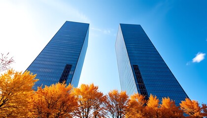 A pair of towering glass skyscrapers reflect the bright autumn sky and the colorful trees below. 