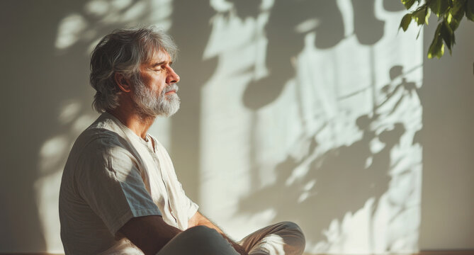 Senior man practicing yoga meditation sitting cross legged in sunny room