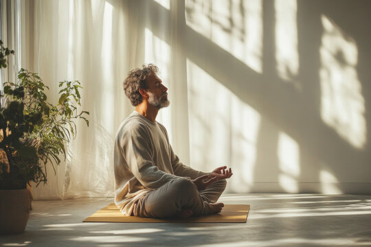 Senior man practicing yoga meditation sitting cross legged in sunny room