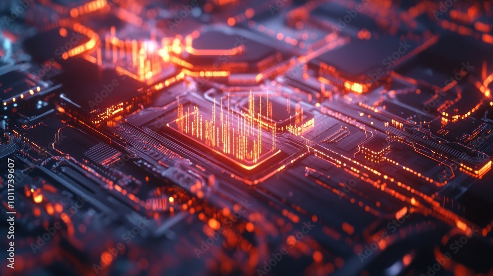 Aufkleber a close-up view of a futuristic circuit board with glowing elements.