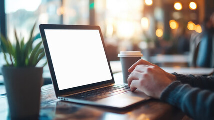 person using laptop with search engine open, coffee nearby, and plant