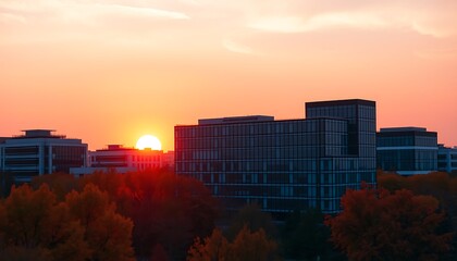 The sun sets behind a cluster of modern business buildings, casting a warm glow over the scene.