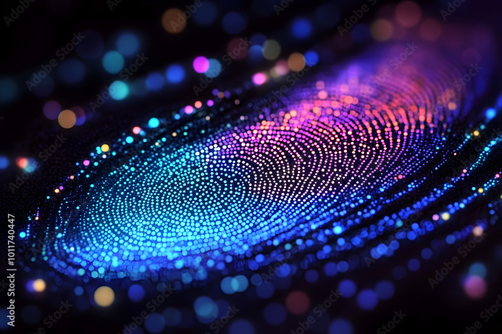 Poster colorful fingerprint design created with glowing dots against a dark background