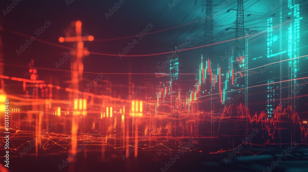 Poster abstract digital visualization of data trends and analytics in a futuristic setting.