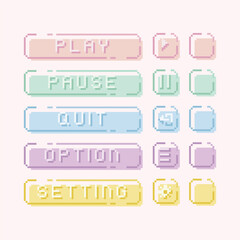 Pastel interface menu bar button 8 bit pixel art collection set. Computer game text and icon for play, pause, quit, setting, option. For game development, mobile app, social media post, video