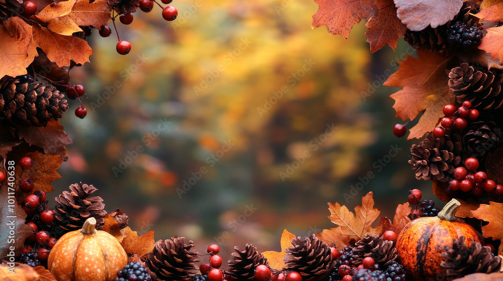 Canvas Prints Autumnal frame with pumpkins, pinecones, and berries.