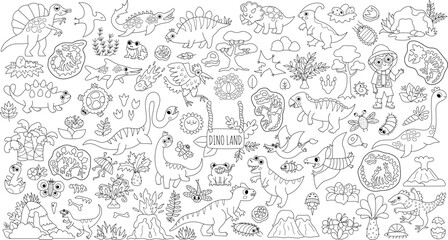 Vector black and white dinosaur set. Cute prehistoric animal line icons collection. Dino illustrations with Pterodactyl, Stegosaurus, Triceratops, T-Rex, paleontologist. Dino coloring page © Lexi Claus