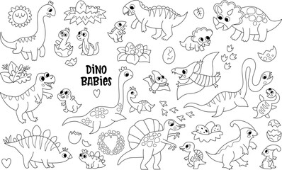 Vector black and white dinosaur moms and babies set. Prehistoric animal line icons collection. Dino mother and child illustrations. Parents and kids dinos. Cute mothers day coloring page