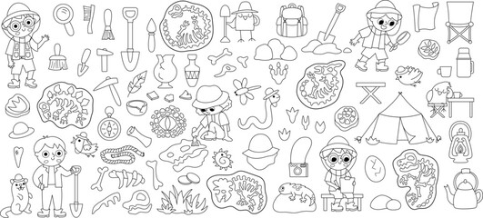 Vector black and white paleontologist set. Prehistoric animal scientist icons collection. Dino researcher line illustrations with bones, tools, brushes, camping tent. Archaeologists coloring page