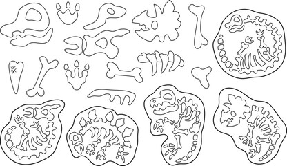 Vector black and white dinosaur bones, skeletons, skulls set. Prehistoric animal fossil icons collection. Dino burial and tombs line illustration. Archaeologists, paleontologist coloring page © Lexi Claus