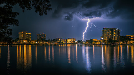 dramatic lightning strike illuminates city skyline over calm lake