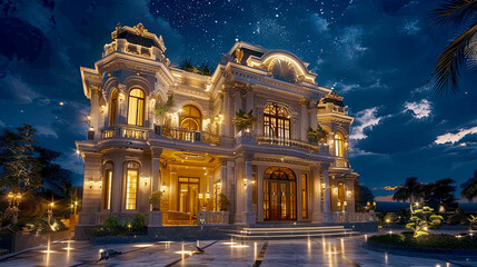 Fototapeta premium Elegant mansion illuminated at night with a starry sky background, showcasing luxury architecture and outdoor lighting.