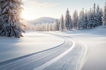 Obraz premium A serene winter landscape featuring snow-covered trees and a gently winding path under soft morning light