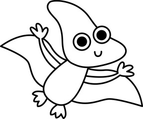 Vector black and white baby pterodactyl icon. Cute little dinosaur with wings illustration for kid. Funny line dino kid clipart for children isolated on white. Cartoon prehistoric animal coloring page