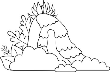 Vector black and white waterfall icon. Nature landscape line illustration or coloring page. Water fall picture with greenery, trees, butterfly. Wildlife, prehistoric or tropical landscape scene