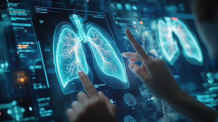 Digital medical x ray of lungs with hands interacting with display