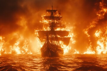 Fototapeta premium Dramatic Battleship Amid Fierce Flames and Storm