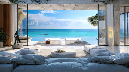 Fototapeta premium Living room beach sunbed on balcony sea view and blue sky on the evening