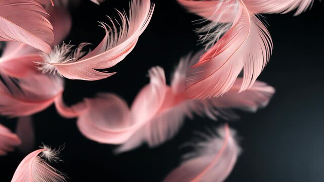 Floating pink feathers on black background