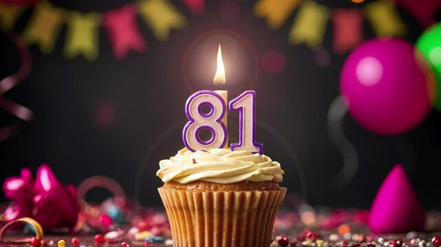 Birthday cupcake with burning lit candle with number 81. Number eighty-one for eighty-one years or eighty-first anniversary.