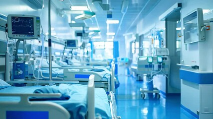 Modern hospital ward with advanced equipment and empty patient beds