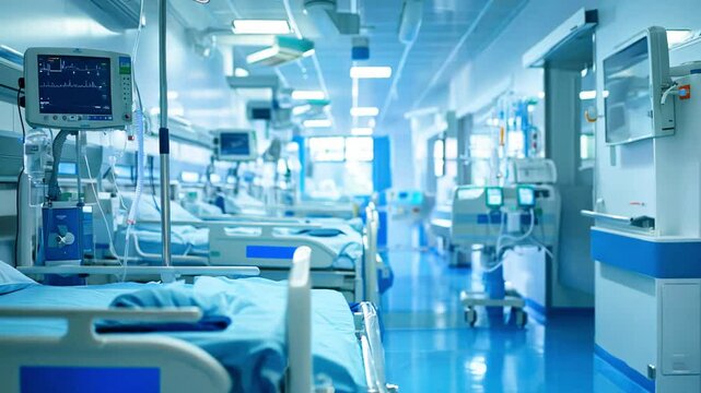 Modern hospital ward with advanced equipment and empty patient beds