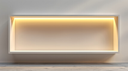 minimalist light filled room features empty display niche with soft glow, perfect for showcasing decor or art. clean lines and neutral tones create serene atmosphere