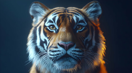 Naklejka premium Close-up Portrait of a Tiger with Blue and Orange Lighting - 3D Illustration
