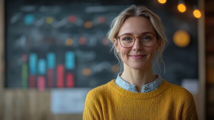 Portrait of a mature businesswoman with glasses smiling in a modern office setting