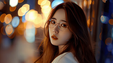 Fototapeta premium Young woman with glasses in vibrant bokeh lights