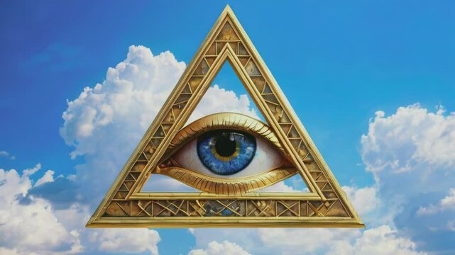 A golden triangle featuring an all-seeing eye hovers in a bright blue sky with clouds, symbolizing mystery, power, and ancient knowledge. Ideas of secret societies, the Illuminati, masonic symbol.