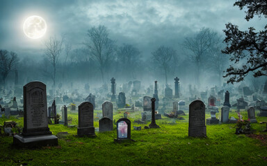 Haunted Cemetery Create a spooky graveyard with tombstones, mist, ghost specter and lurking spirits, full moon background