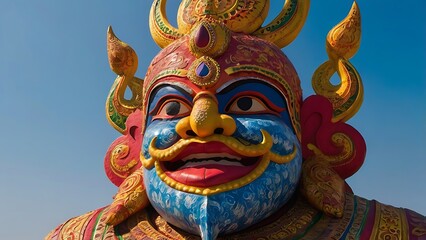 Fototapeta premium A giant effigy of Ravana, decorated in colorful attire and ready for burning, against a plain blue sky background, symbolizing the victory of good over evil.