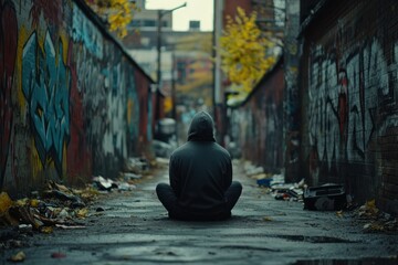 Solitary Figure in Urban Alleyway Wearing Hoodie