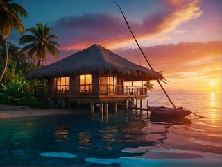 Fototapeta premium Experience the Serenity of a Tropical Beachfront Bungalow at Stunning Sunset Hours