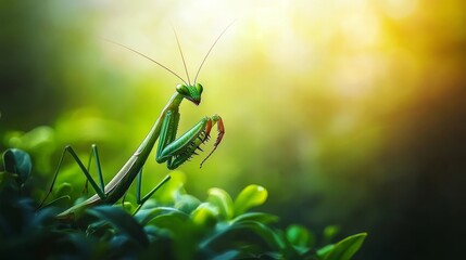 A close-up of a green praying mantis perched on foliage, showcasing its unique features in a softly blurred background.