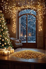Christmas interior, warm cozy room, decorated Christmas tree, glowing string lights, large window with snowy view, candles, elegant wooden decor, festive atmosphere, soft lighting, winter night, encha