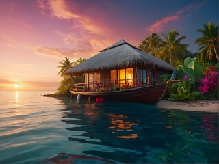 Experience the Serenity of a Tropical Beachfront Bungalow at Stunning Sunset Hours