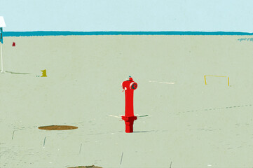 Ilustracja grafika czerwony hydrant na nadbrzeżu na tle wody. © Monika