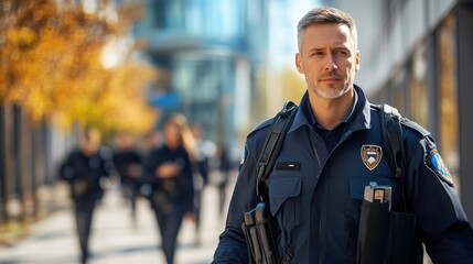 Fototapeta premium Security Guard Event Service: Officer Leading Group on Patrol, Generative AI