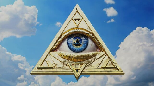 A golden triangle featuring an all-seeing eye hovers in a bright blue sky with clouds, symbolizing mystery, power, and ancient knowledge. Ideas of secret societies, the Illuminati, masonic symbol.