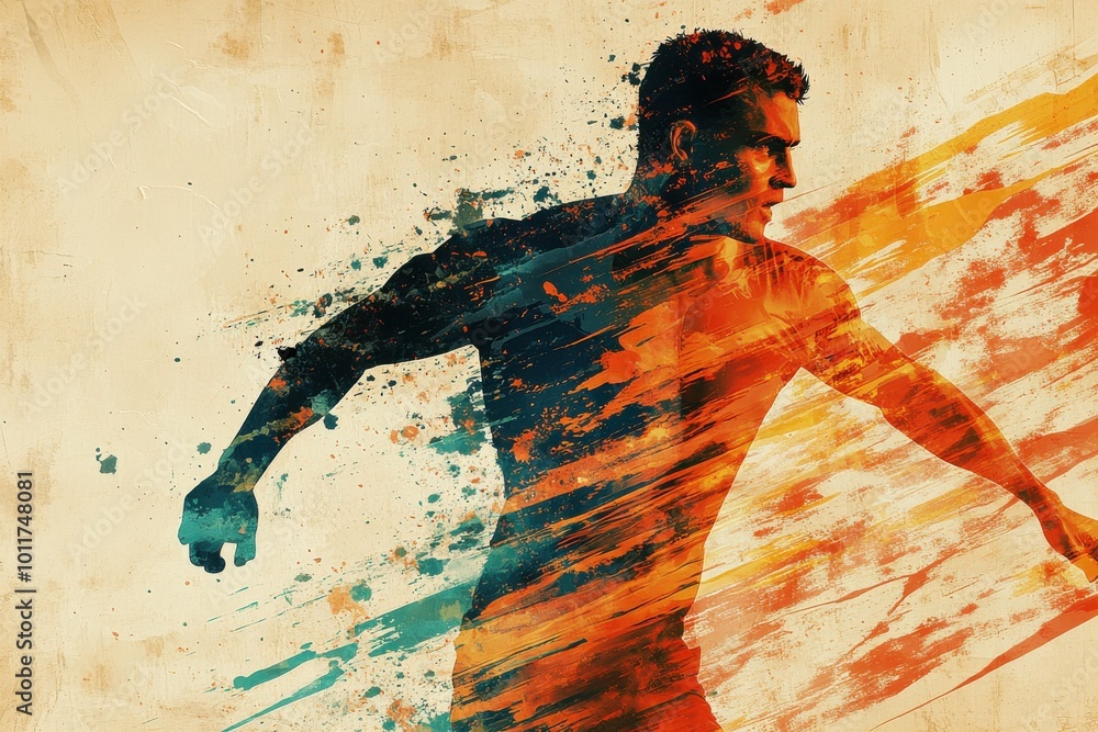 Poster dynamic minimalist modern art-style poster of an athletic man running with energy and speed against 