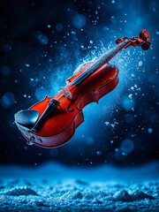 Fototapeta premium Violin in the snow. The violin floats in the snow streams